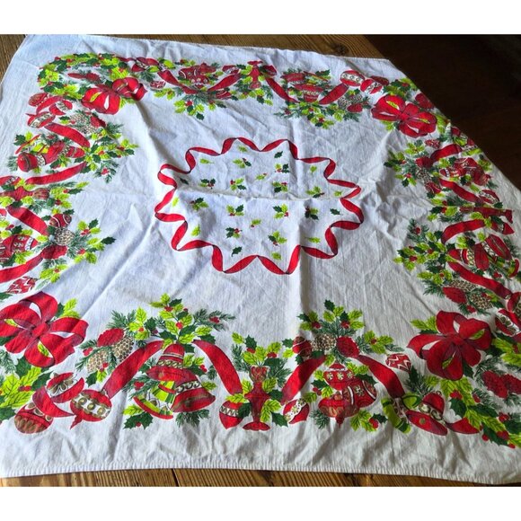 VTG MSM Christmas Tablecloth Holiday Holly bells Ribbon Square 50x50 Red Green - Picture 2 of 5